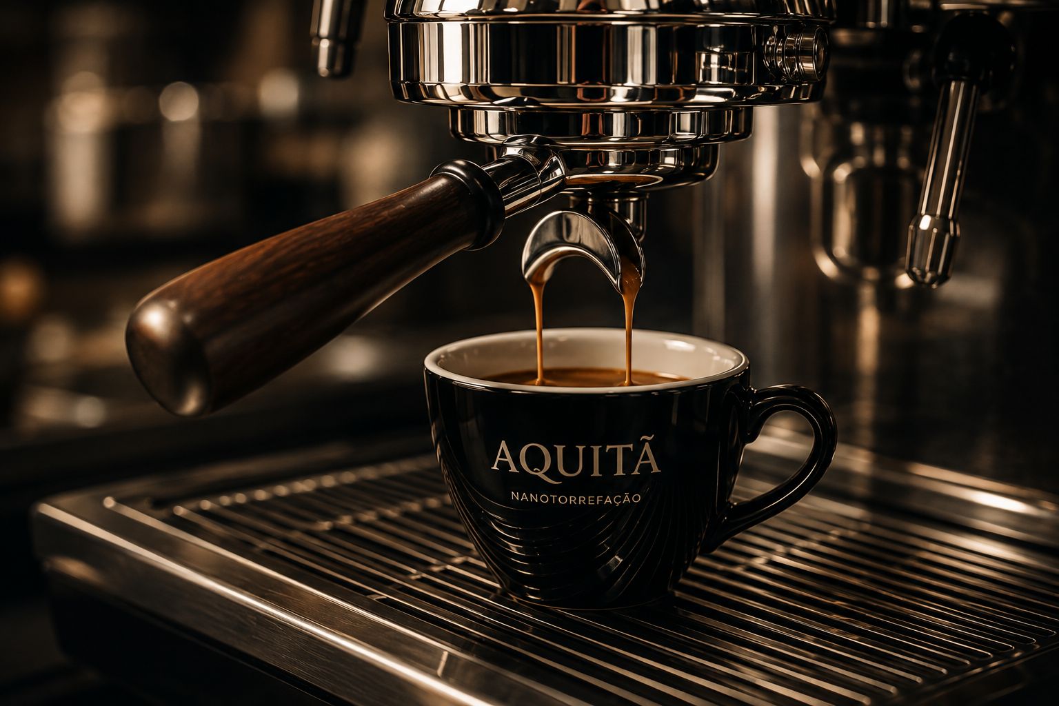 Espresso sendo puxado direto no copo de degustação da marca Aquitã, na máquina La Marzocco